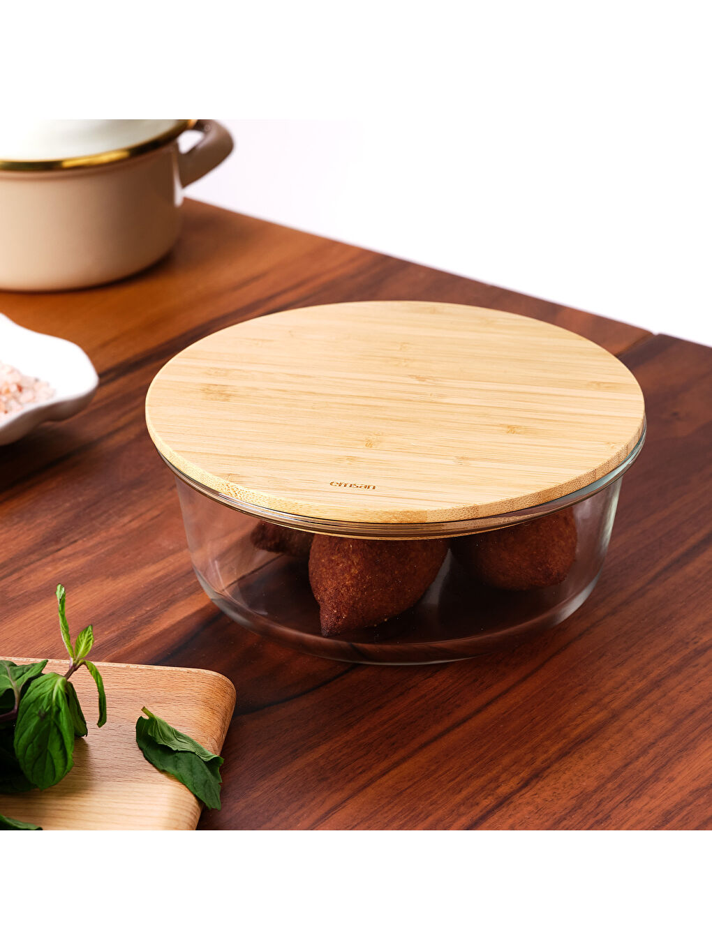 Kahverengi Naturel 950 ml Yuvarlak Borosilikat Saklama Kabı-6