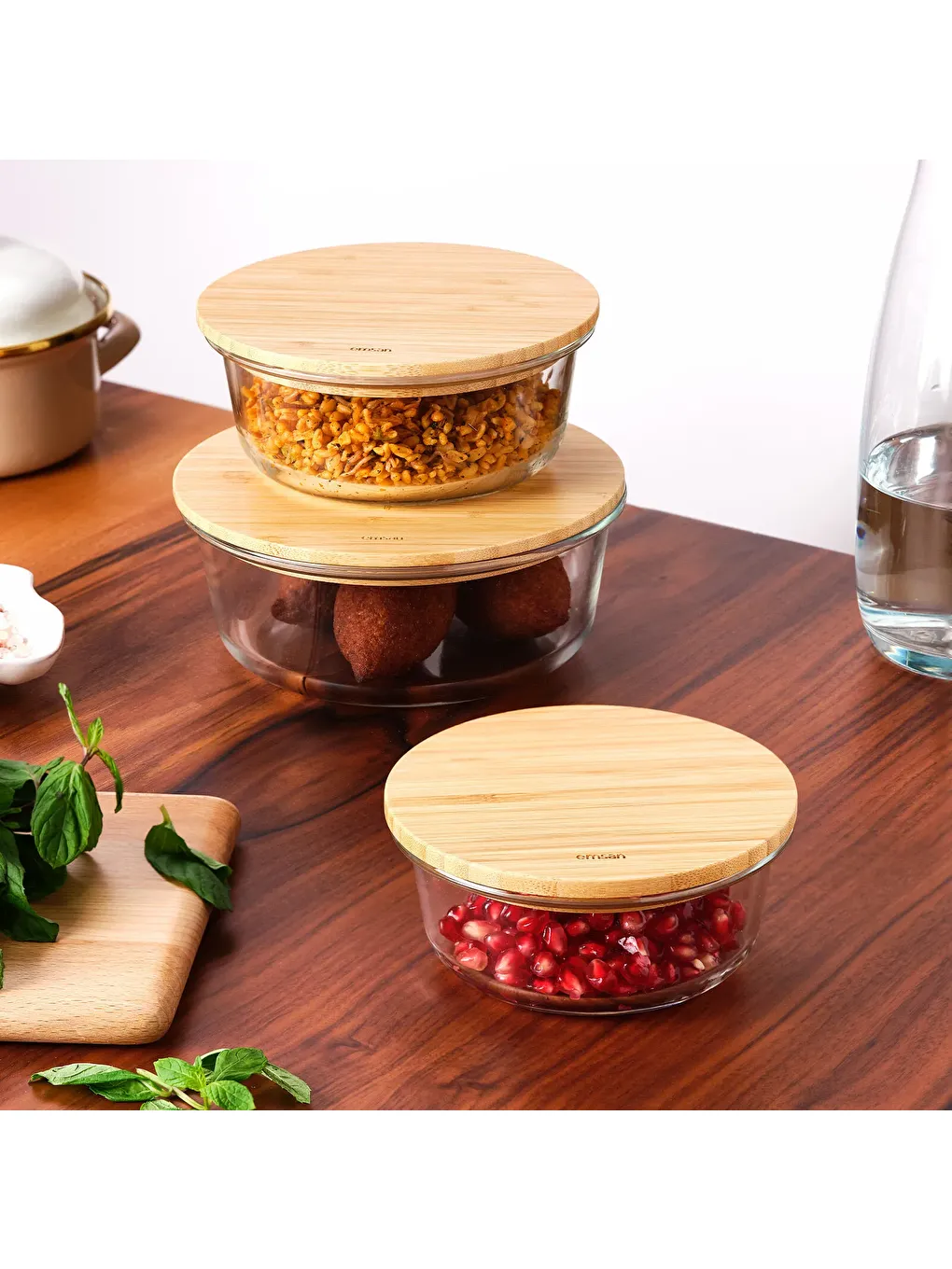 Kahverengi Naturel 950 ml Yuvarlak Borosilikat Saklama Kabı-8