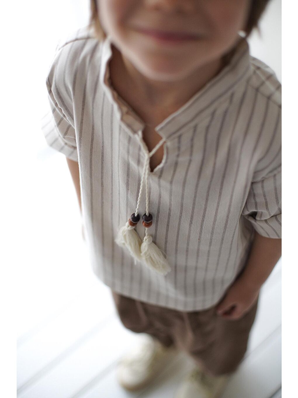 Catz Kids Bej Kahve Vera Keten Dikişli Carrot Pantolon + Krem Kahve Çizgili Keten İpli Gömlek - 2