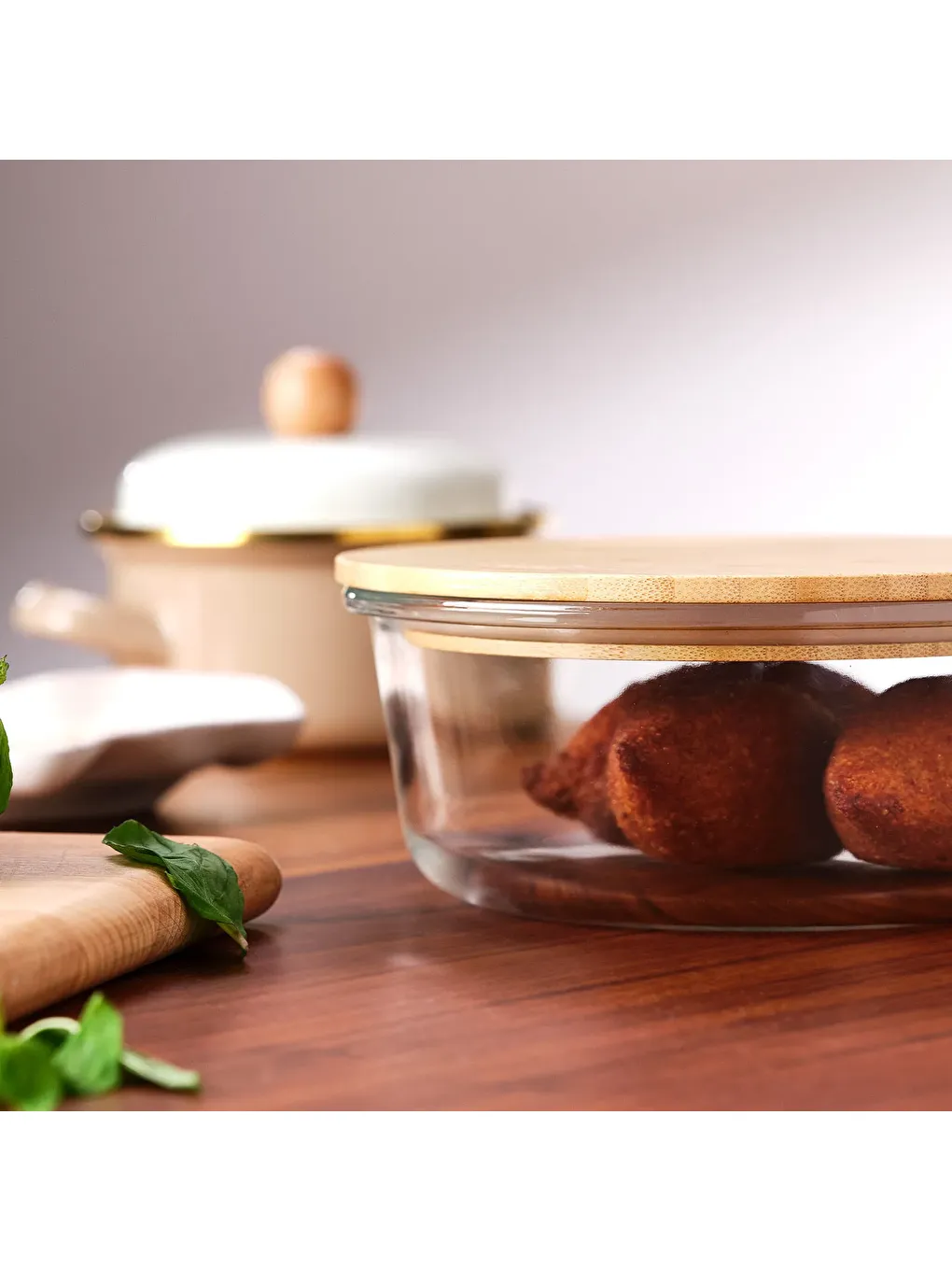 Kahverengi Naturel 950 ml Yuvarlak Borosilikat Saklama Kabı-9