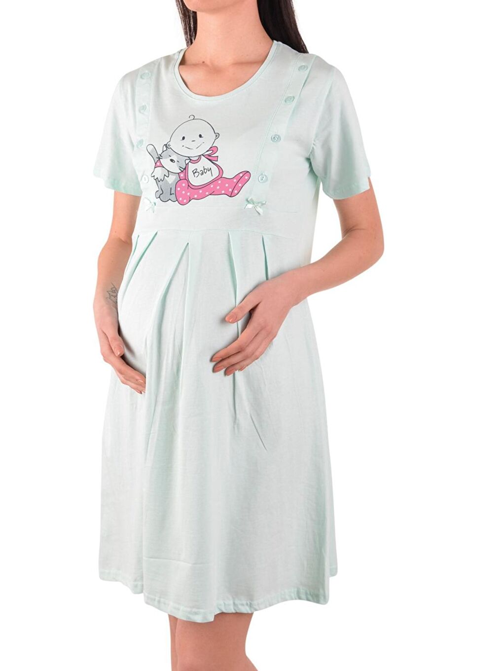 Yeşil Hamile Tunik Gecelik Kısa Kollu Elastanlı-2