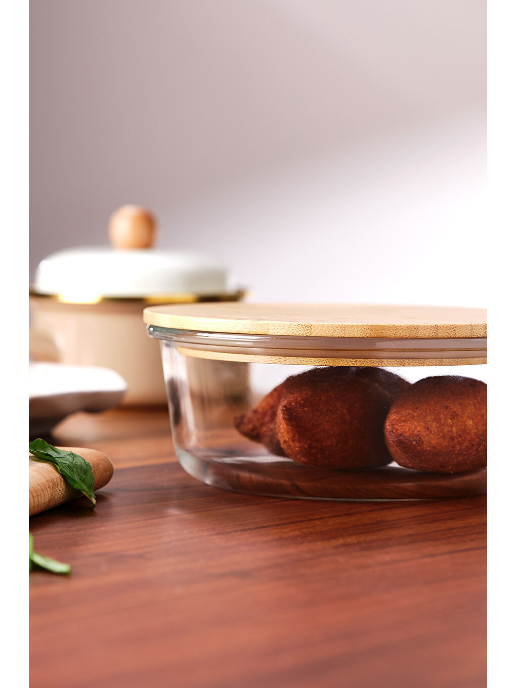 Kahverengi Naturel 950 ml Yuvarlak Borosilikat Saklama Kabı-3