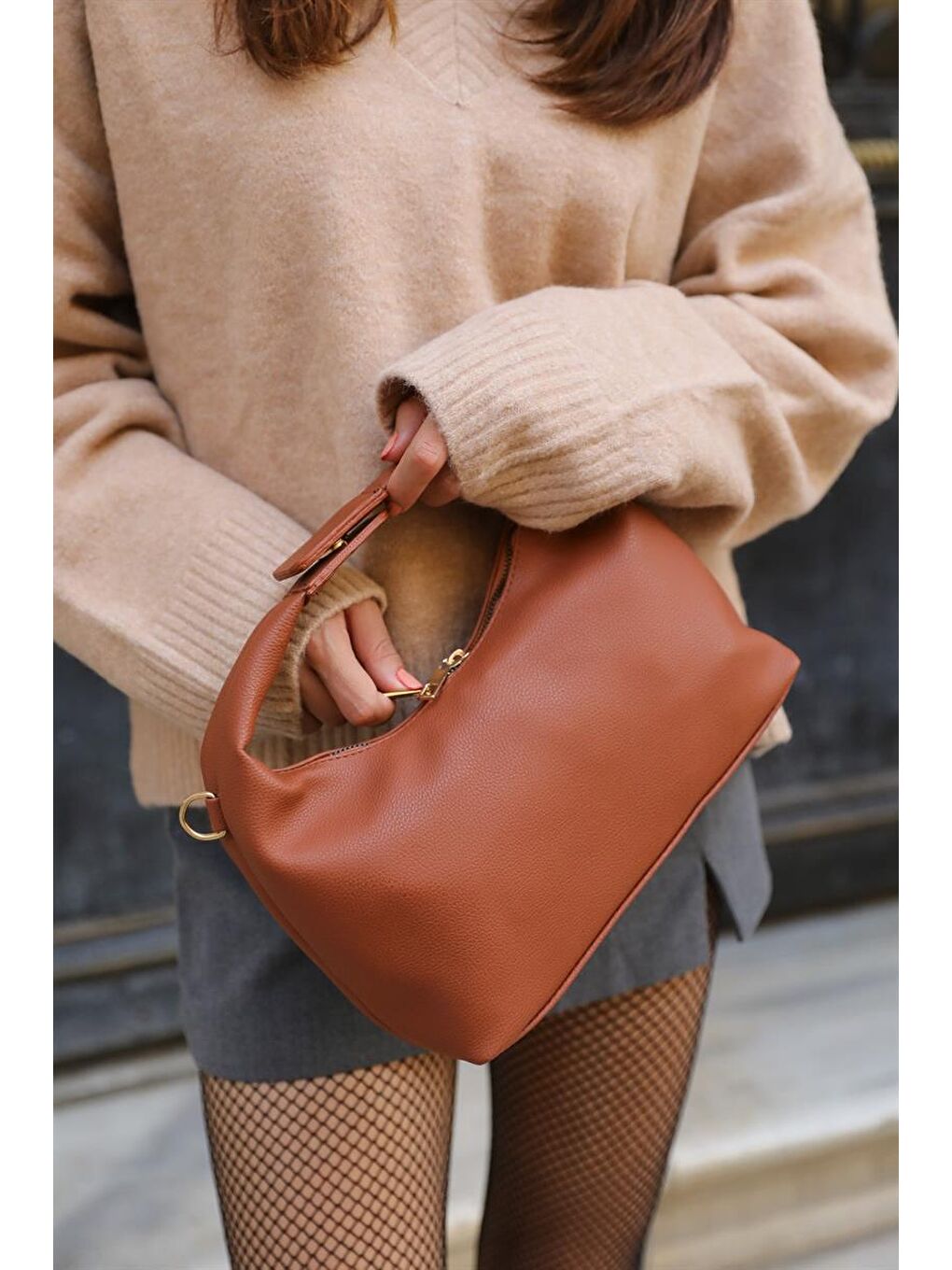 Kahverengi Kroşe Baget El Ve Omuz Çantası Taba-2