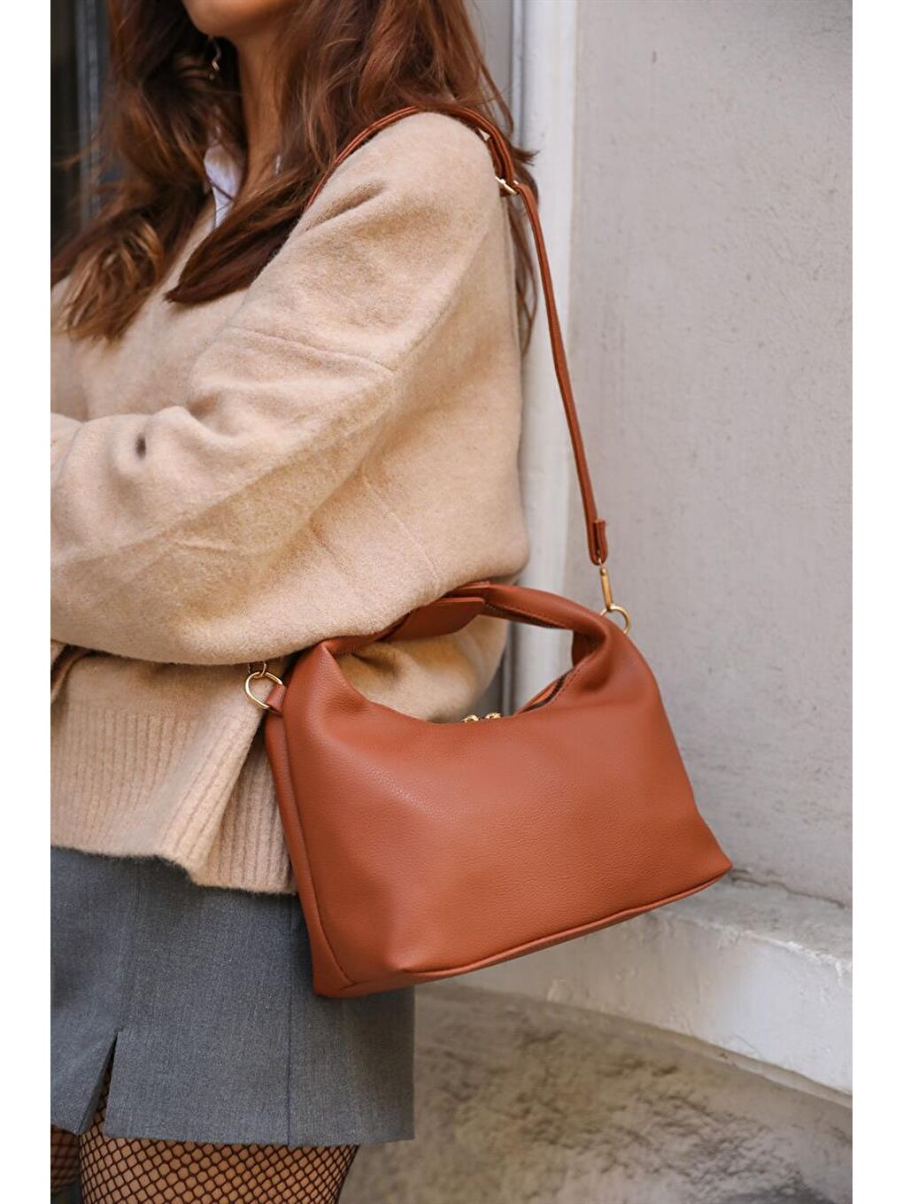 Kahverengi Kroşe Baget El Ve Omuz Çantası Taba-3