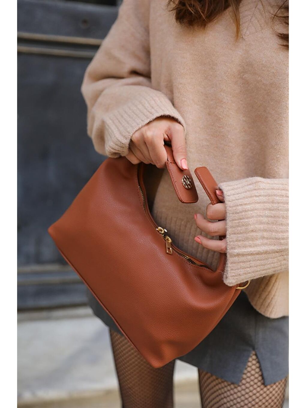 Kahverengi Kroşe Baget El Ve Omuz Çantası Taba-4