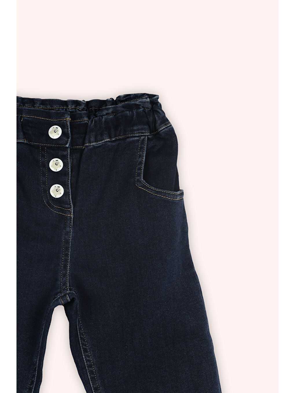 Kız Bebek Beli Lastikli Boru Paça Çıt Çıt Detaylı Lacivert Jean Pantolon-1