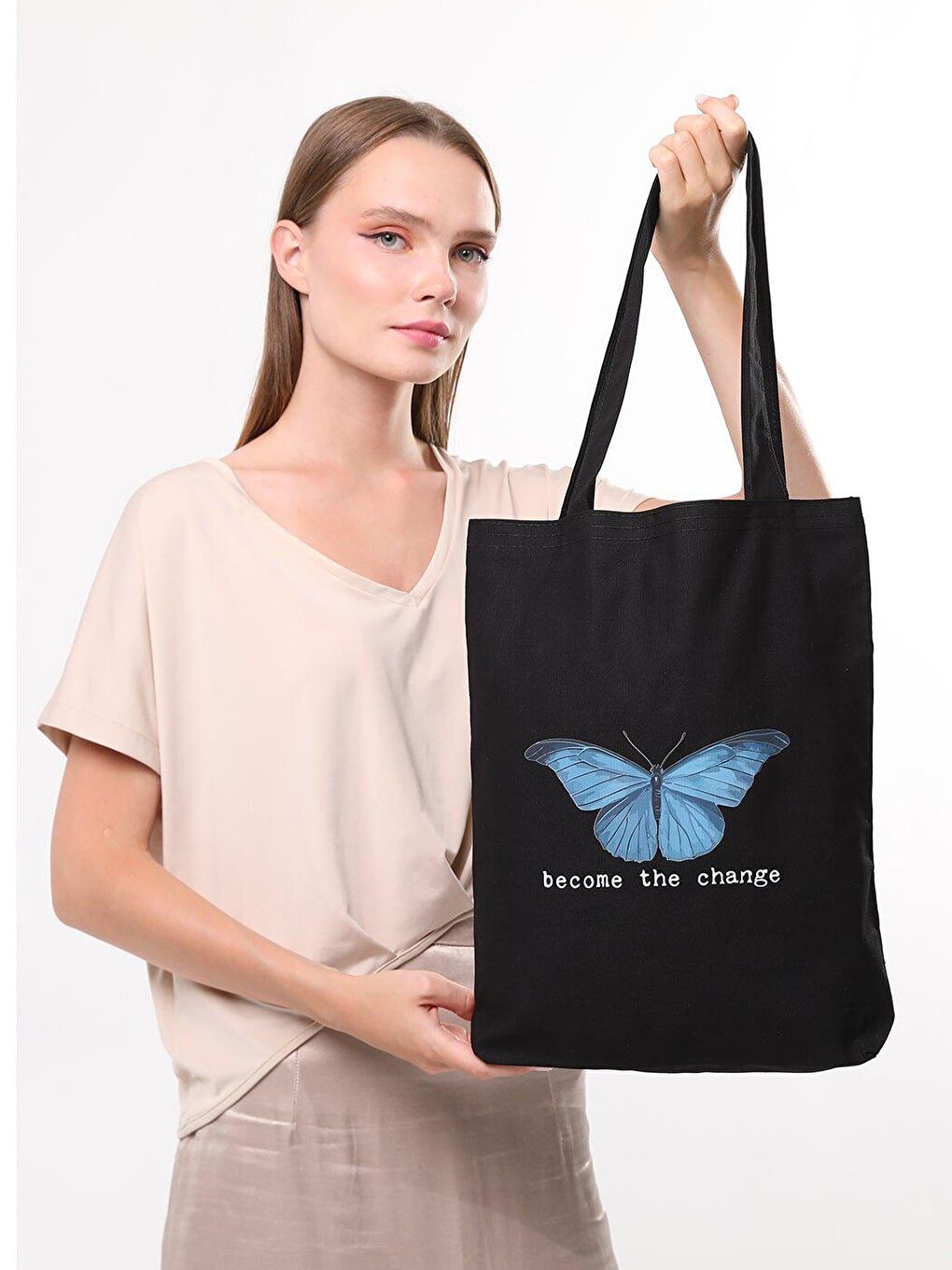 Become The Change Baskılı Siyah Kanvas Çanta-1