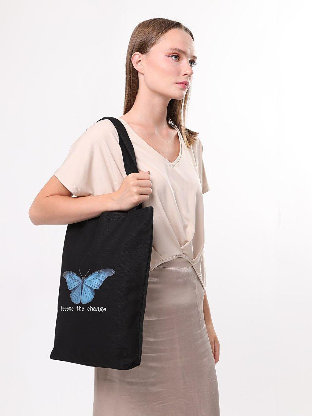 Become The Change Baskılı Siyah Kanvas Çanta-2