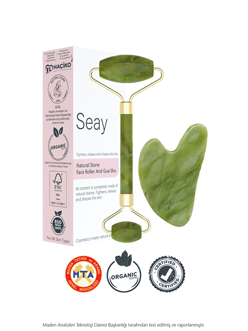 Seay Yeşim Face Roller Ve Kalp Gua Sha Yüz Masaj Aleti Seti Premium Değerli Doğal Taş Sertifikalı