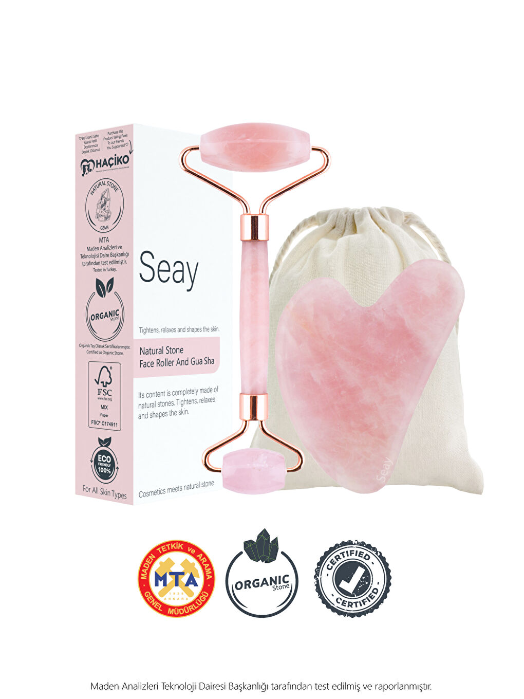 Seay Pembe Kuvars Roller Ve Pembe Kalp Gua Sha Yüz Masaj Aleti Seti Keseli Değerli Doğal Taş Sertifikalı