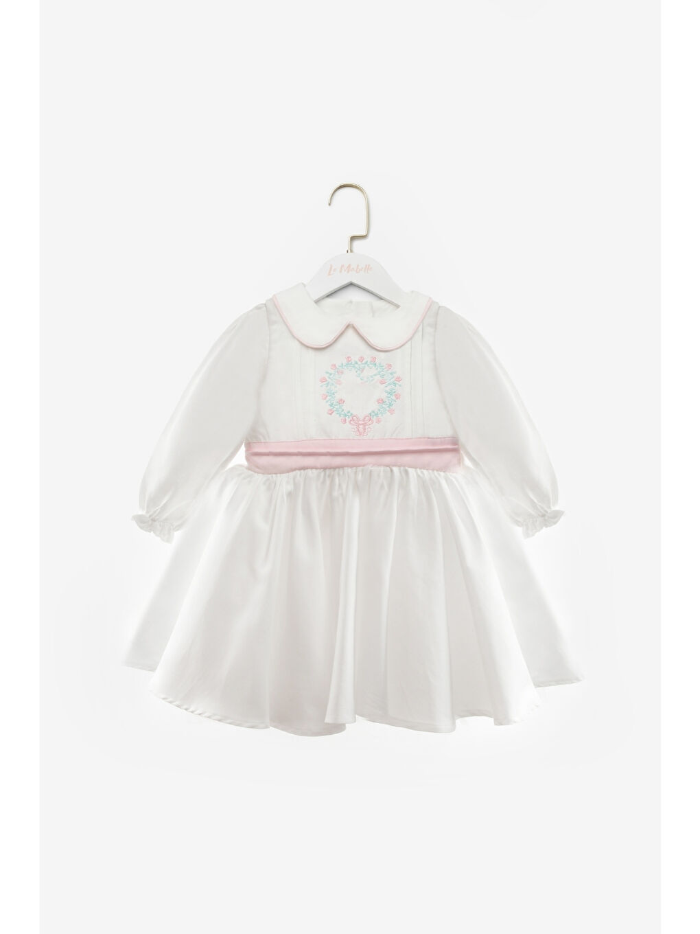 Pembe Uzun Kollu Çiçek Nakışlı Kız Çocuk Elbise - Rina