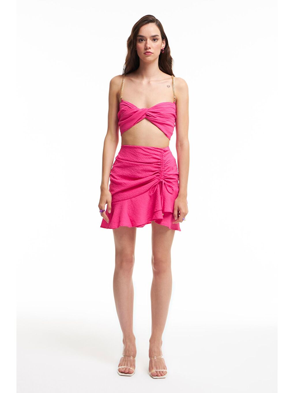 Büzgülü Fırfırlı Mini Etek Fuşya-1