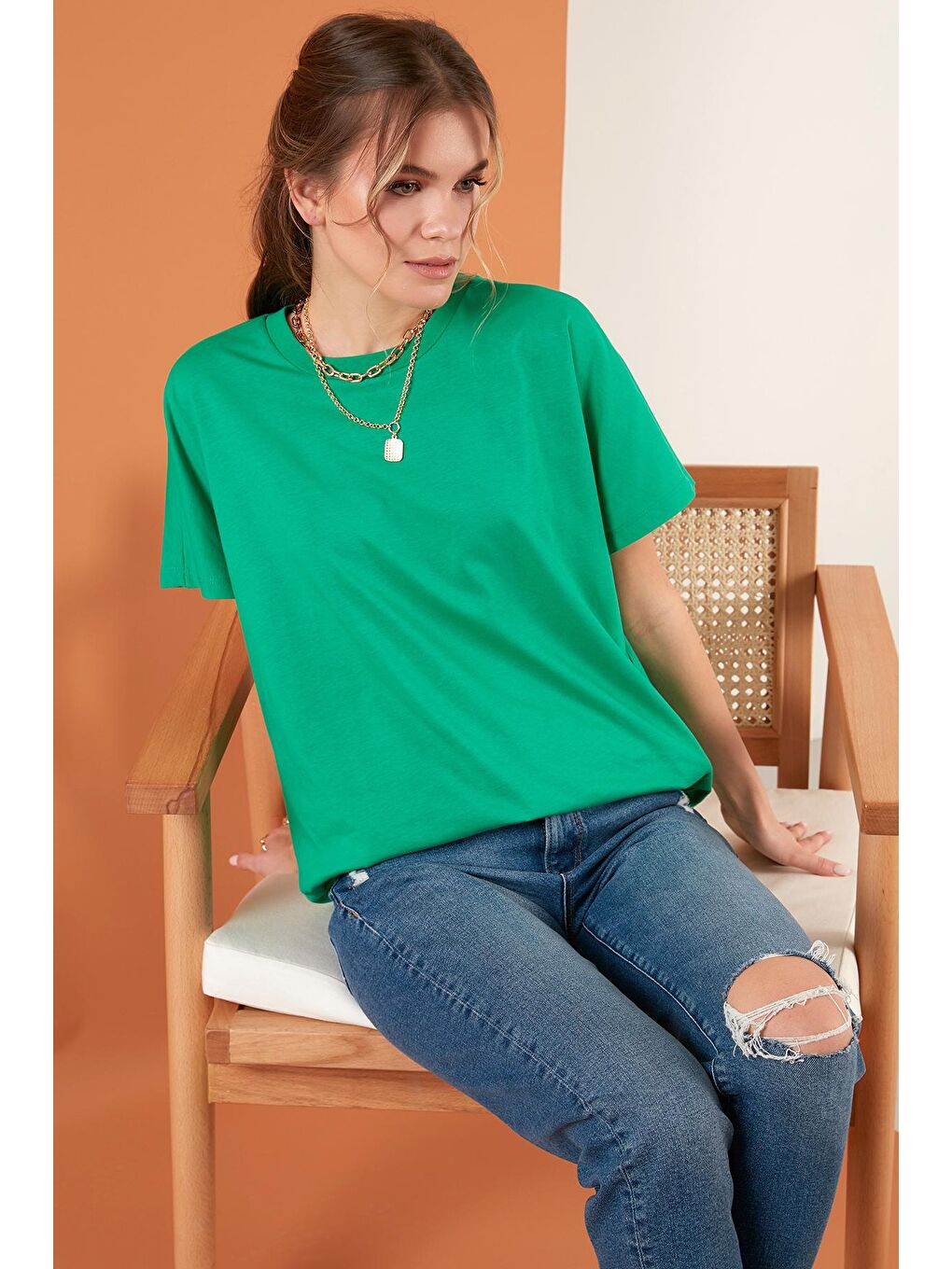 Lela Yeşil Oversize % 100 Pamuk Bisiklet Yaka Basic T Shirt 5864489 - 1