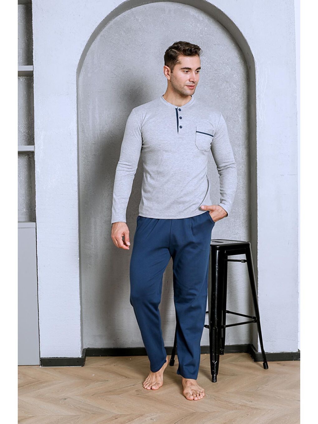 Gri Erkek Pijama Takımı İnterlok Cepli Altı Düz Pamuklu Mevsimlik-1