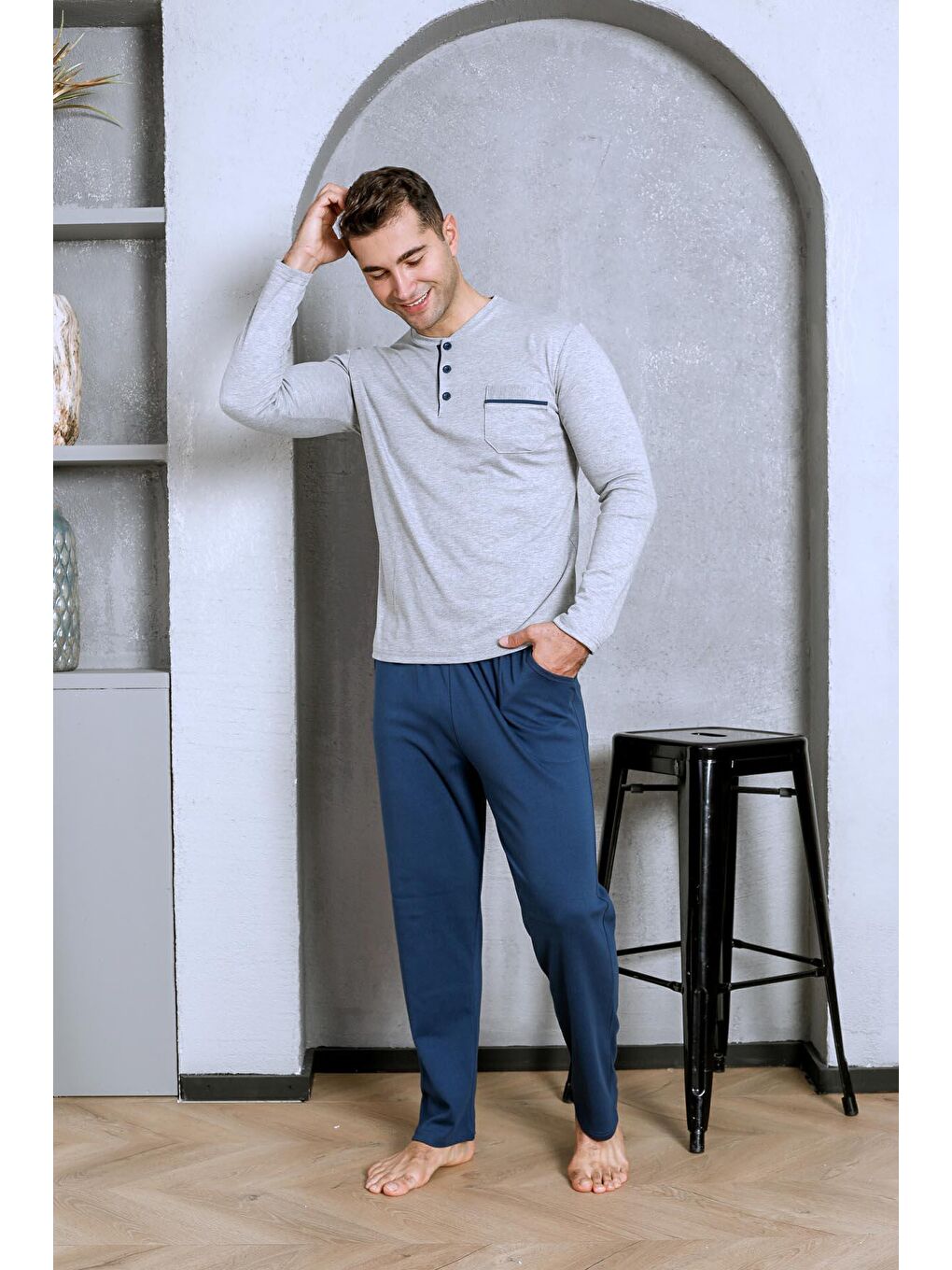 Gri Erkek Pijama Takımı İnterlok Cepli Altı Düz Pamuklu Mevsimlik-2