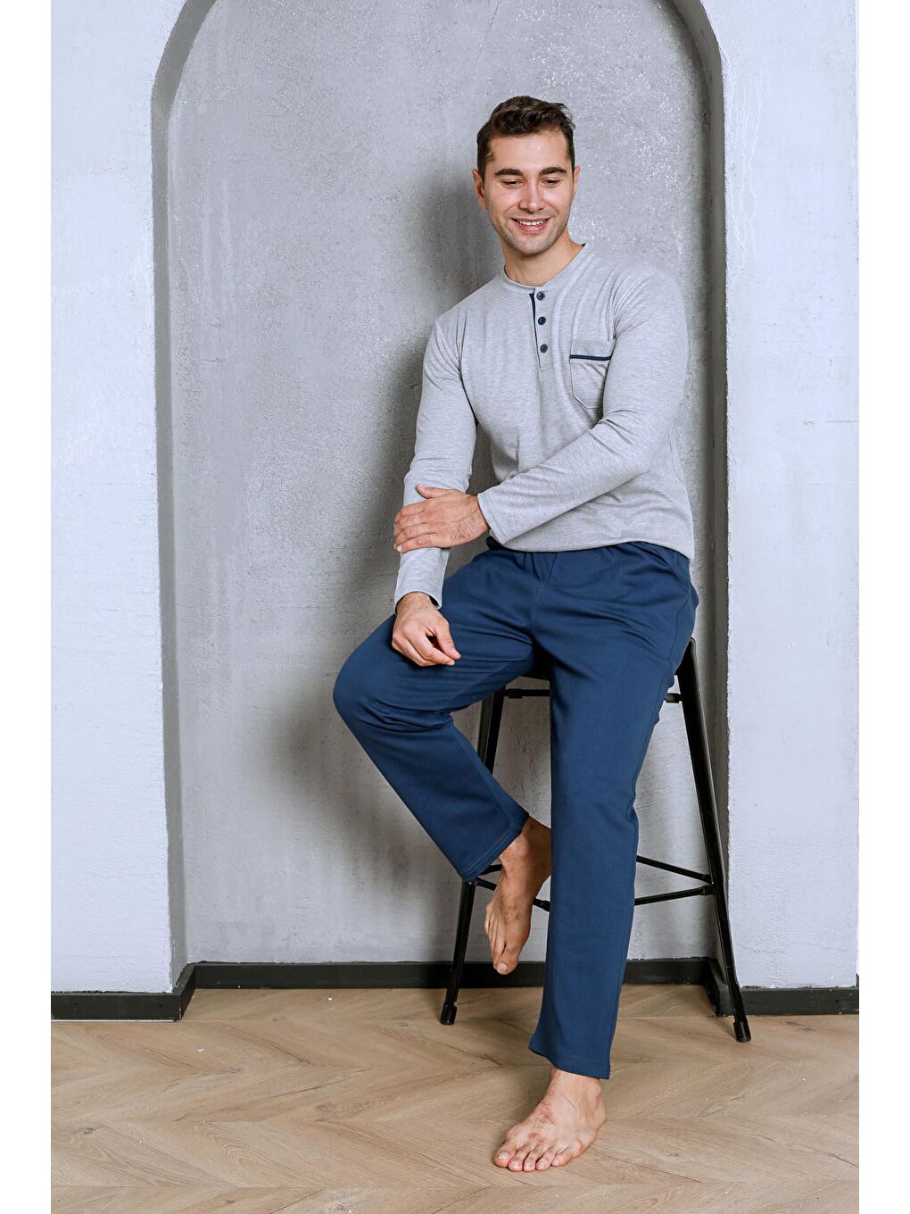 Gri Erkek Pijama Takımı İnterlok Cepli Altı Düz Pamuklu Mevsimlik-3