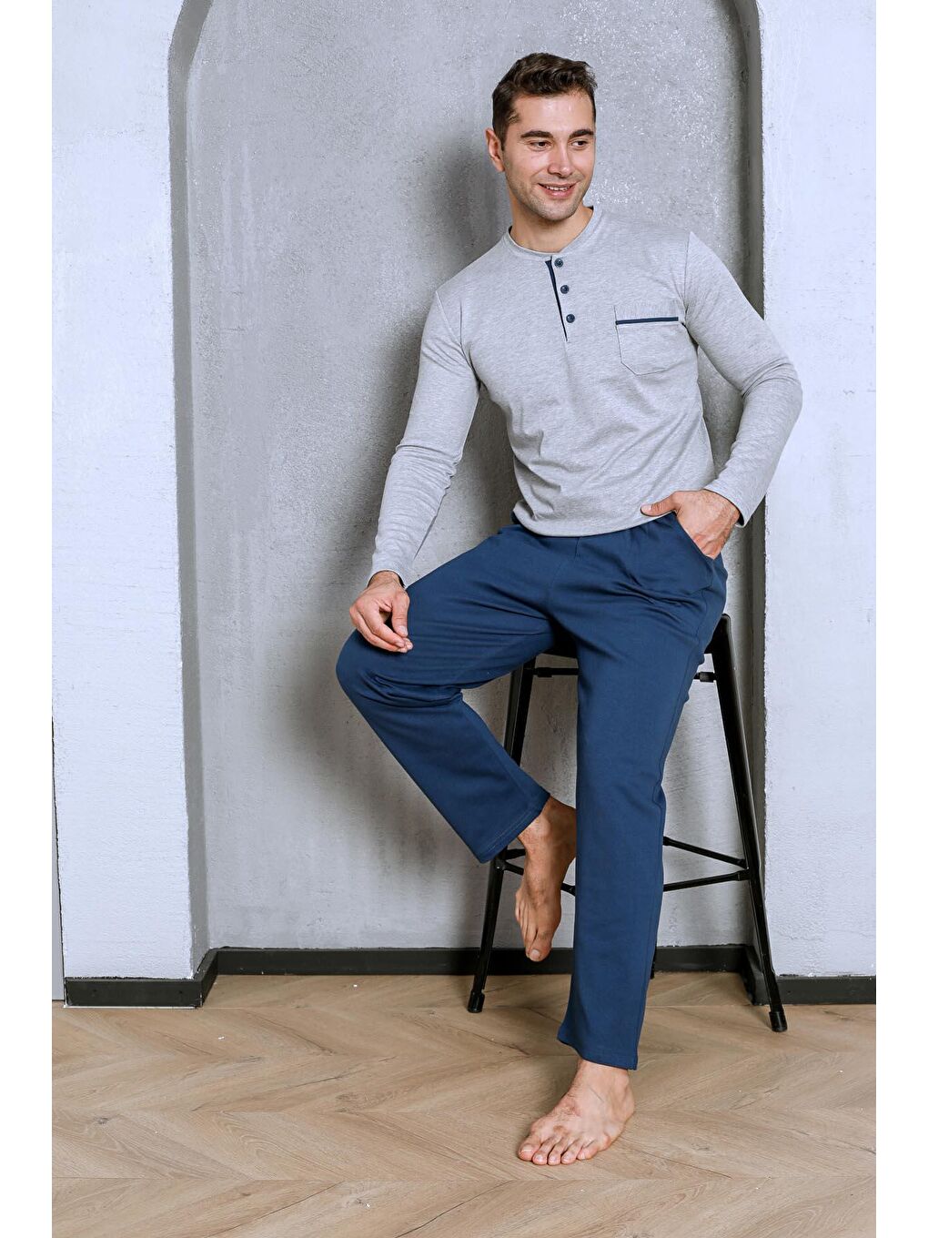 Gri Erkek Pijama Takımı İnterlok Cepli Altı Düz Pamuklu Mevsimlik-4