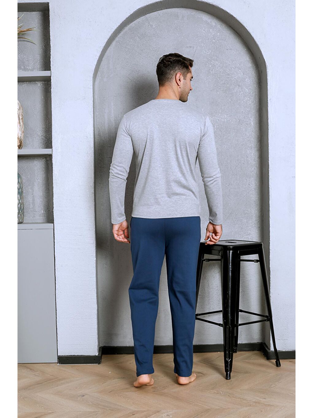 Gri Erkek Pijama Takımı İnterlok Cepli Altı Düz Pamuklu Mevsimlik-5