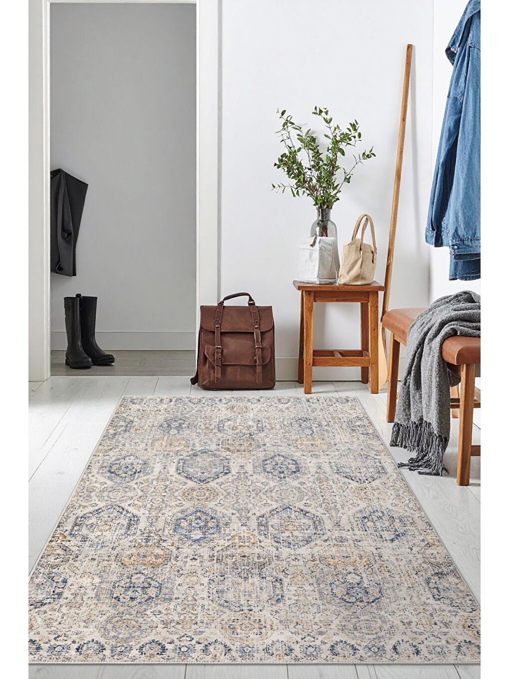 Mavi Dekoratif Özel Tasarım Yıkanabilir İnce Kaymaz Tabanlı Modern Halı KECE FR16-2