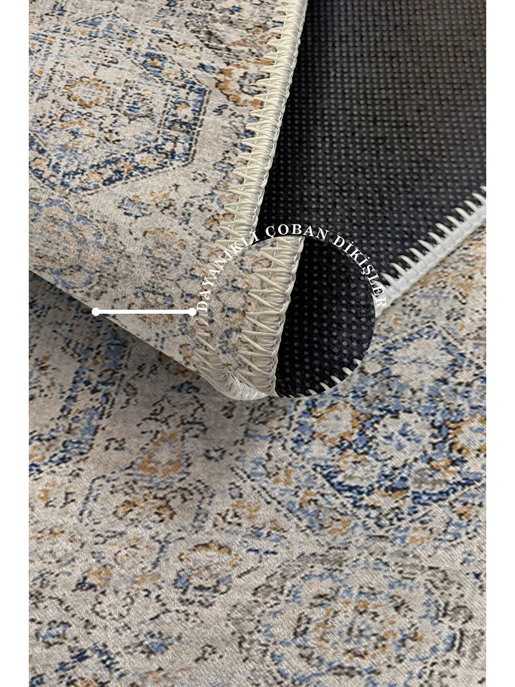 Mavi Dekoratif Özel Tasarım Yıkanabilir İnce Kaymaz Tabanlı Modern Halı KECE FR16-3