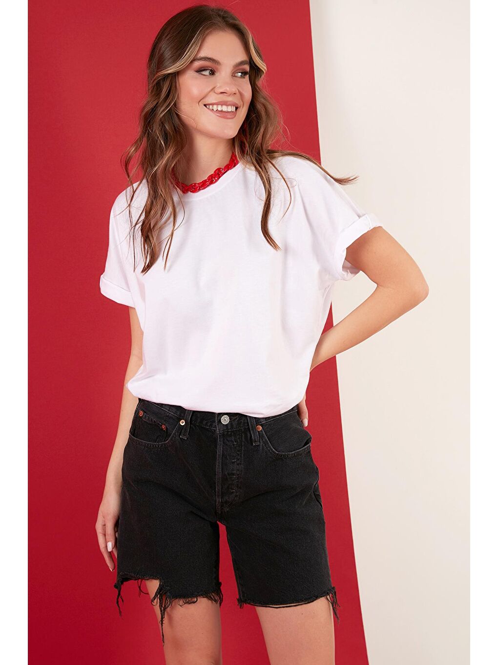 Lela Beyaz Oversize % 100 Pamuk Bisiklet Yaka Basic T Shirt 5864489