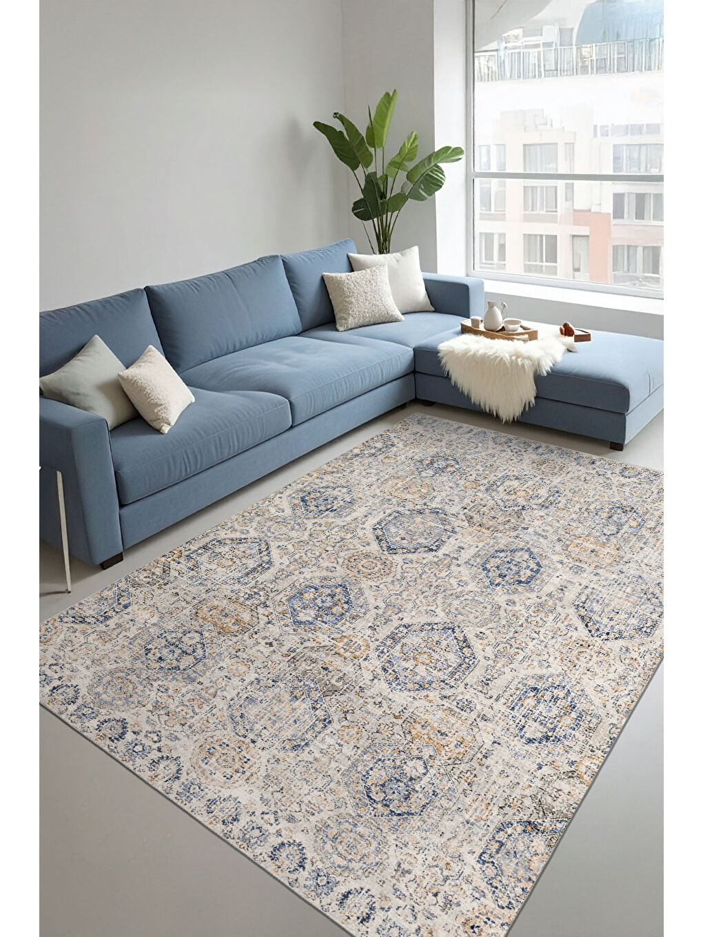 Mavi Dekoratif Özel Tasarım Yıkanabilir İnce Kaymaz Tabanlı Modern Halı KECE FR16-1
