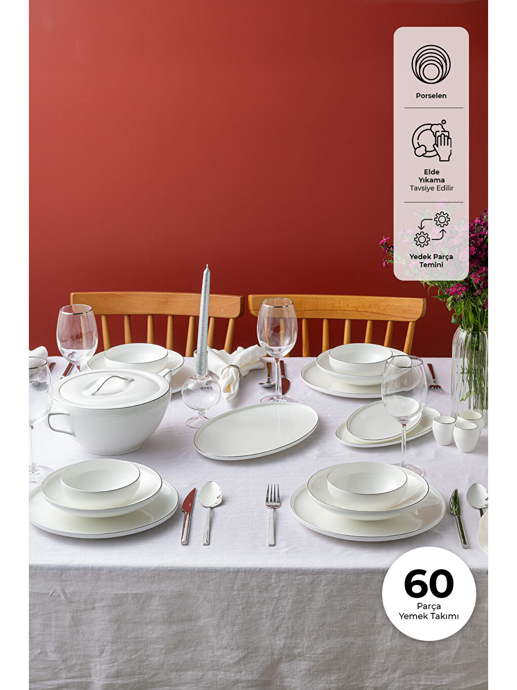 Beyaz Fine Bone Freya 60 Parça 12 Kişilik Yuvarlak Yemek Takımı Platin-1