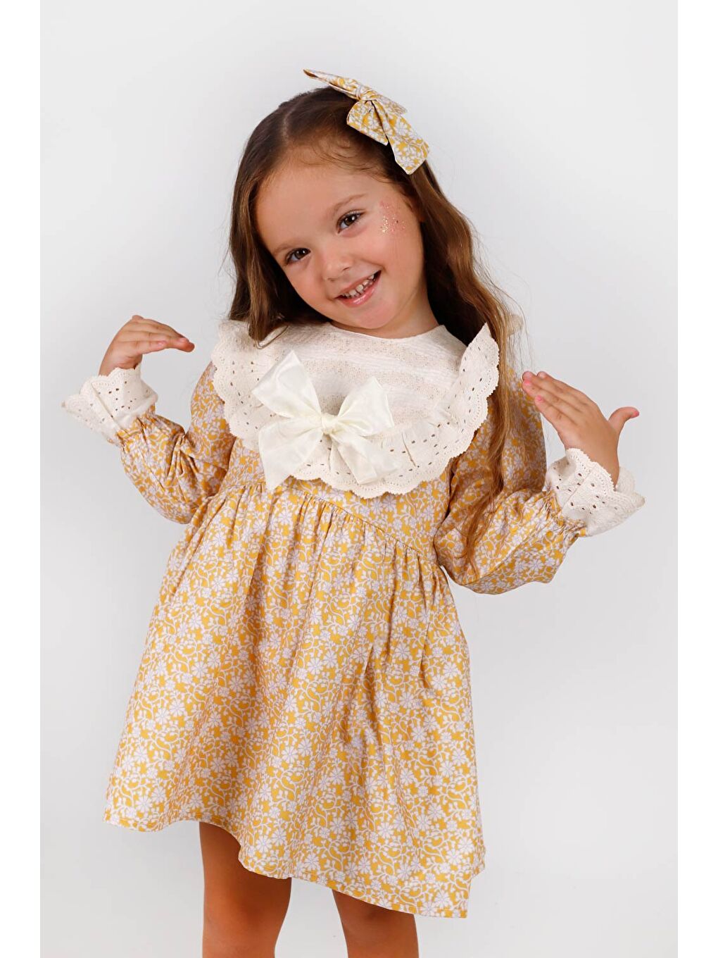 Sarı Hardal Fisto Yakalı Keten Kız Çocuk Elbise - Trinetta