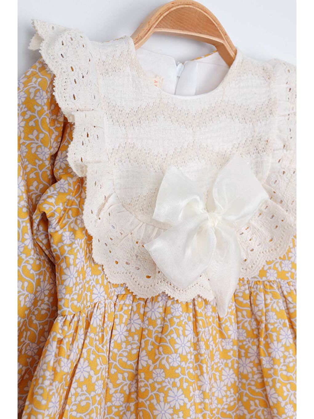 Sarı Hardal Fisto Yakalı Keten Kız Çocuk Elbise - Trinetta-4