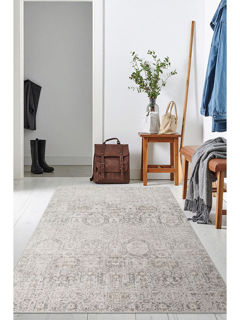 Bej Dekoratif Özel Tasarım Yıkanabilir İnce Kaymaz Tabanlı Modern Halı KECE FR16-2
