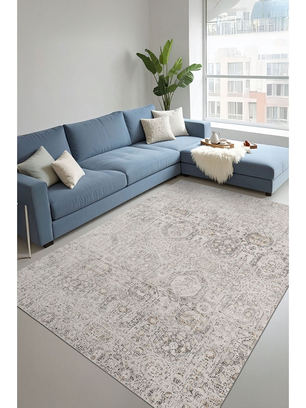 Bej Dekoratif Özel Tasarım Yıkanabilir İnce Kaymaz Tabanlı Modern Halı KECE FR16-1