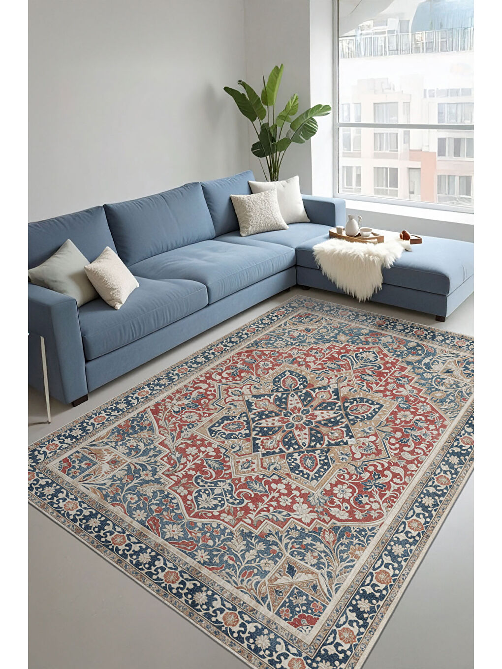 Lacivert Dekoratif Özel Tasarım Yıkanabilir İnce Kaymaz Tabanlı Modern Halı KECE FR15-1