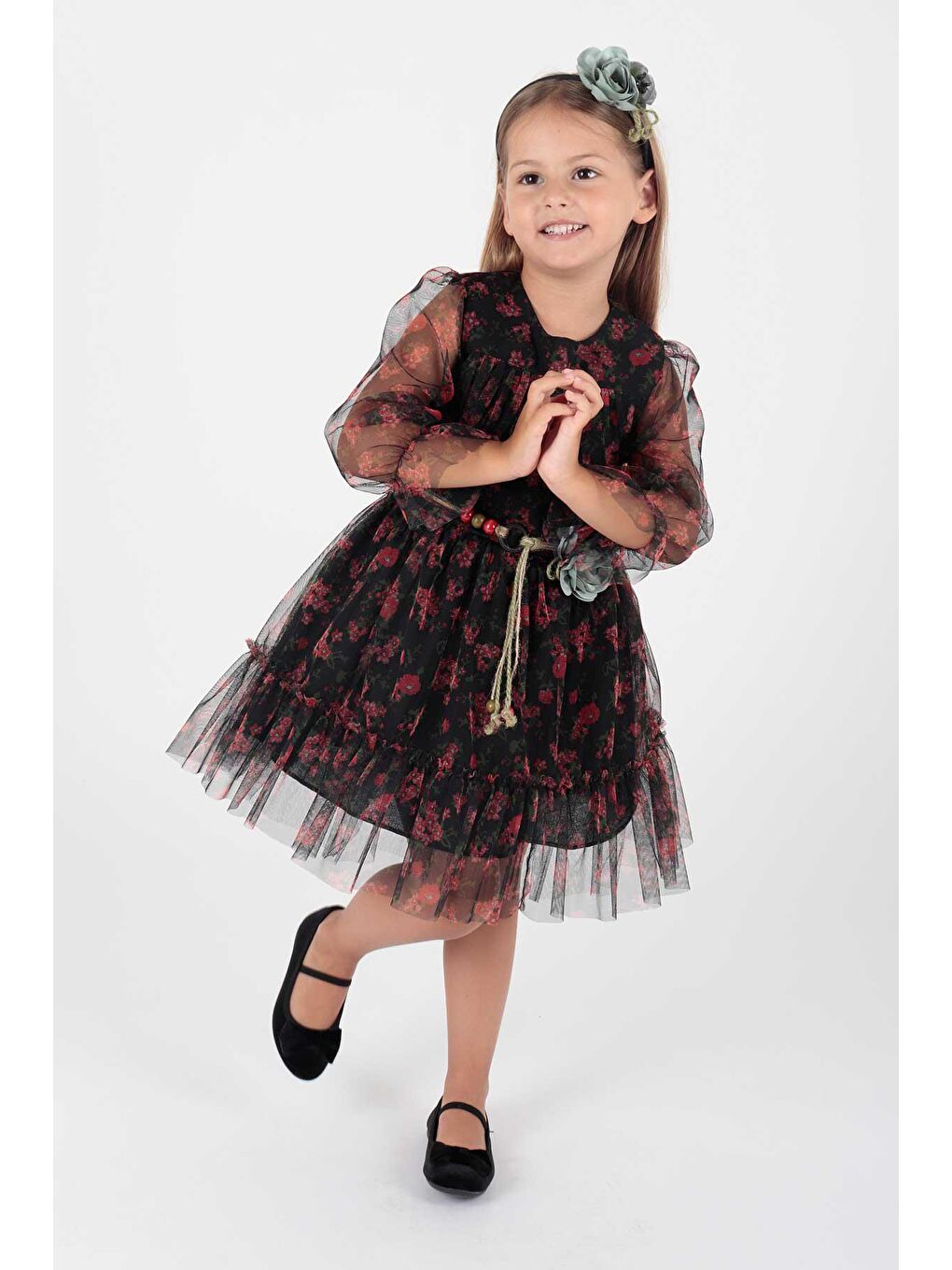 Siyah Kız Çocuk Çiçek Baskılı Taçlı Kemerli Elbise Ak2202