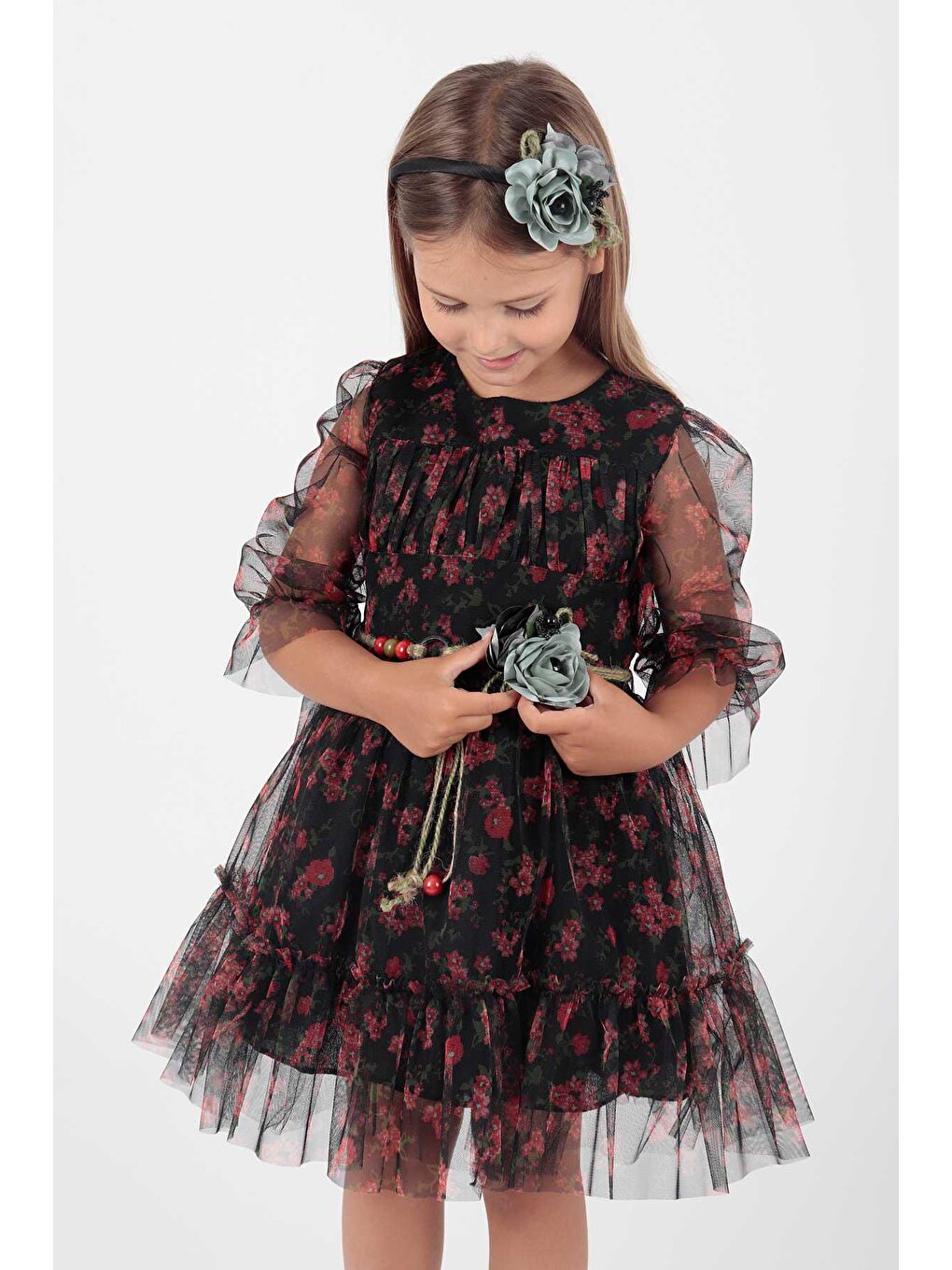 Siyah Kız Çocuk Çiçek Baskılı Taçlı Kemerli Elbise Ak2202-1