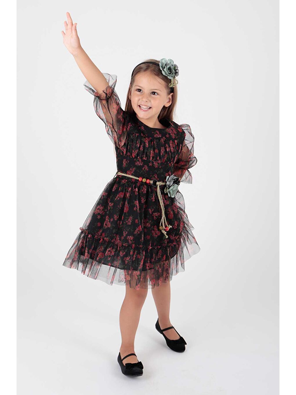 Siyah Kız Çocuk Çiçek Baskılı Taçlı Kemerli Elbise Ak2202-2