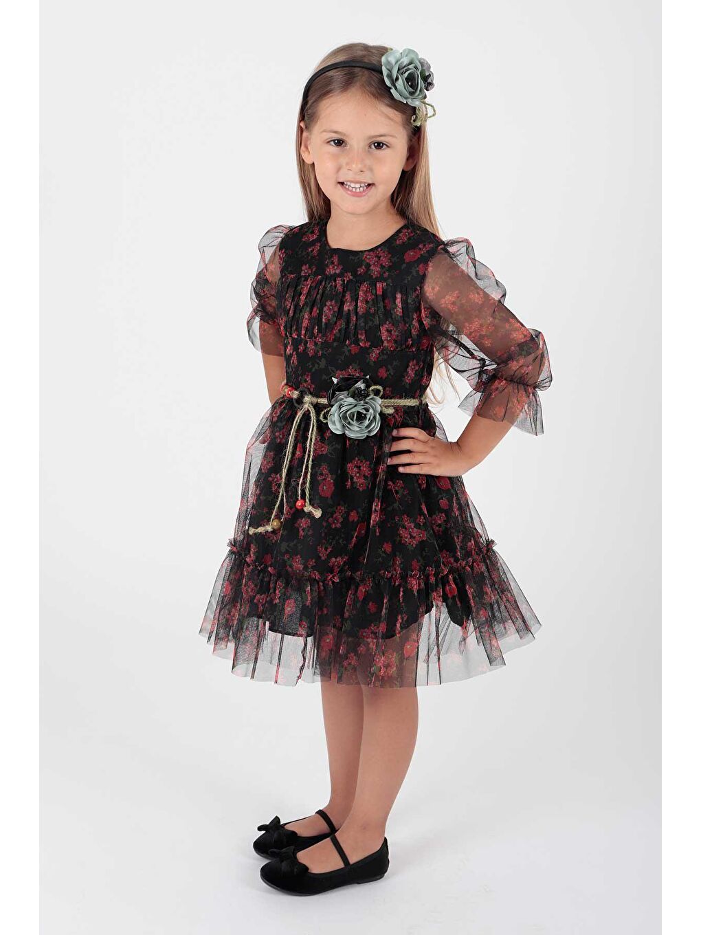 Siyah Kız Çocuk Çiçek Baskılı Taçlı Kemerli Elbise Ak2202-3