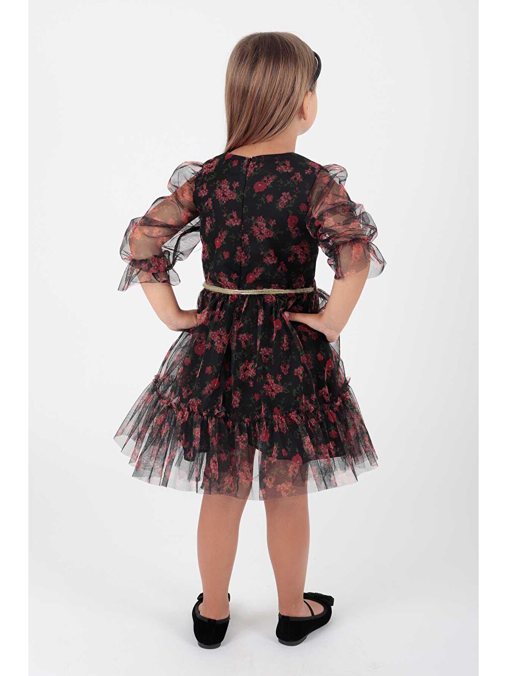 Siyah Kız Çocuk Çiçek Baskılı Taçlı Kemerli Elbise Ak2202-4