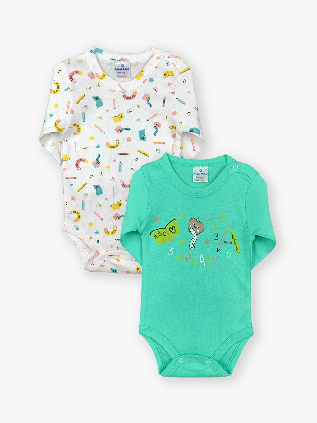 Yeşil Bisiklet Yaka Uzun Kollu Baskılı Kız Bebek Çıtçıtlı Body 2'li