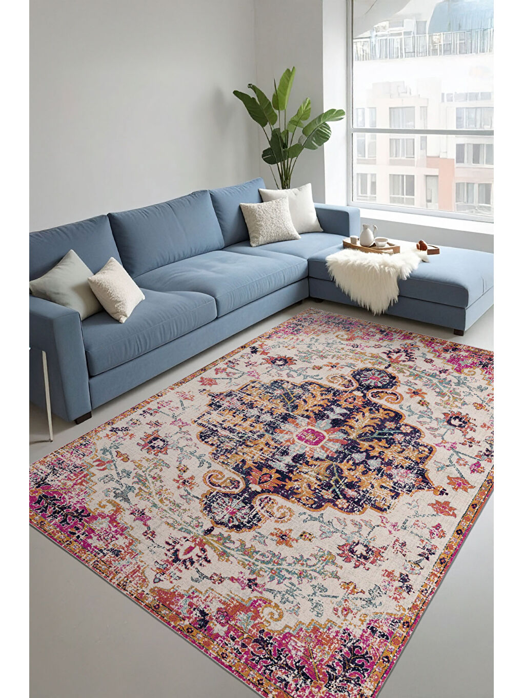 Pembe Dekoratif Özel Tasarım Yıkanabilir İnce Kaymaz Tabanlı Modern Halı KECE FR15-1