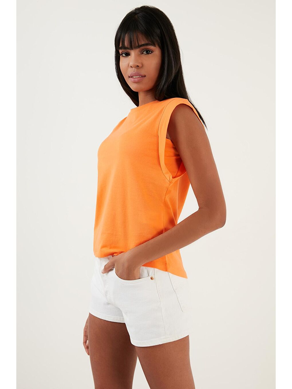 Turuncu Pamuklu Bisiklet Yaka Kolsuz Basic T Shirt 5864201