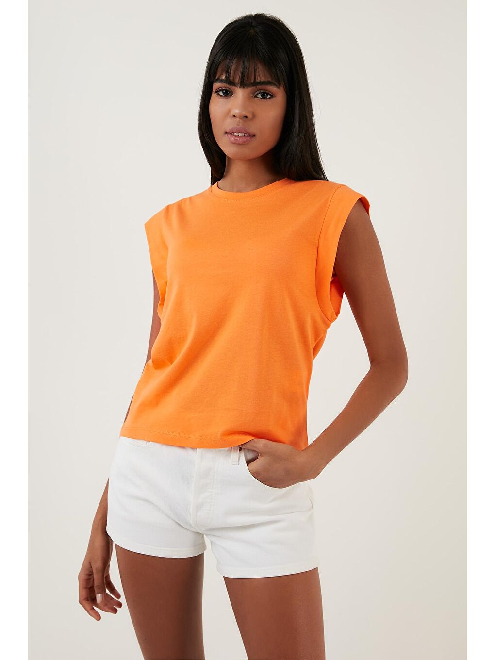 Turuncu Pamuklu Bisiklet Yaka Kolsuz Basic T Shirt 5864201-1