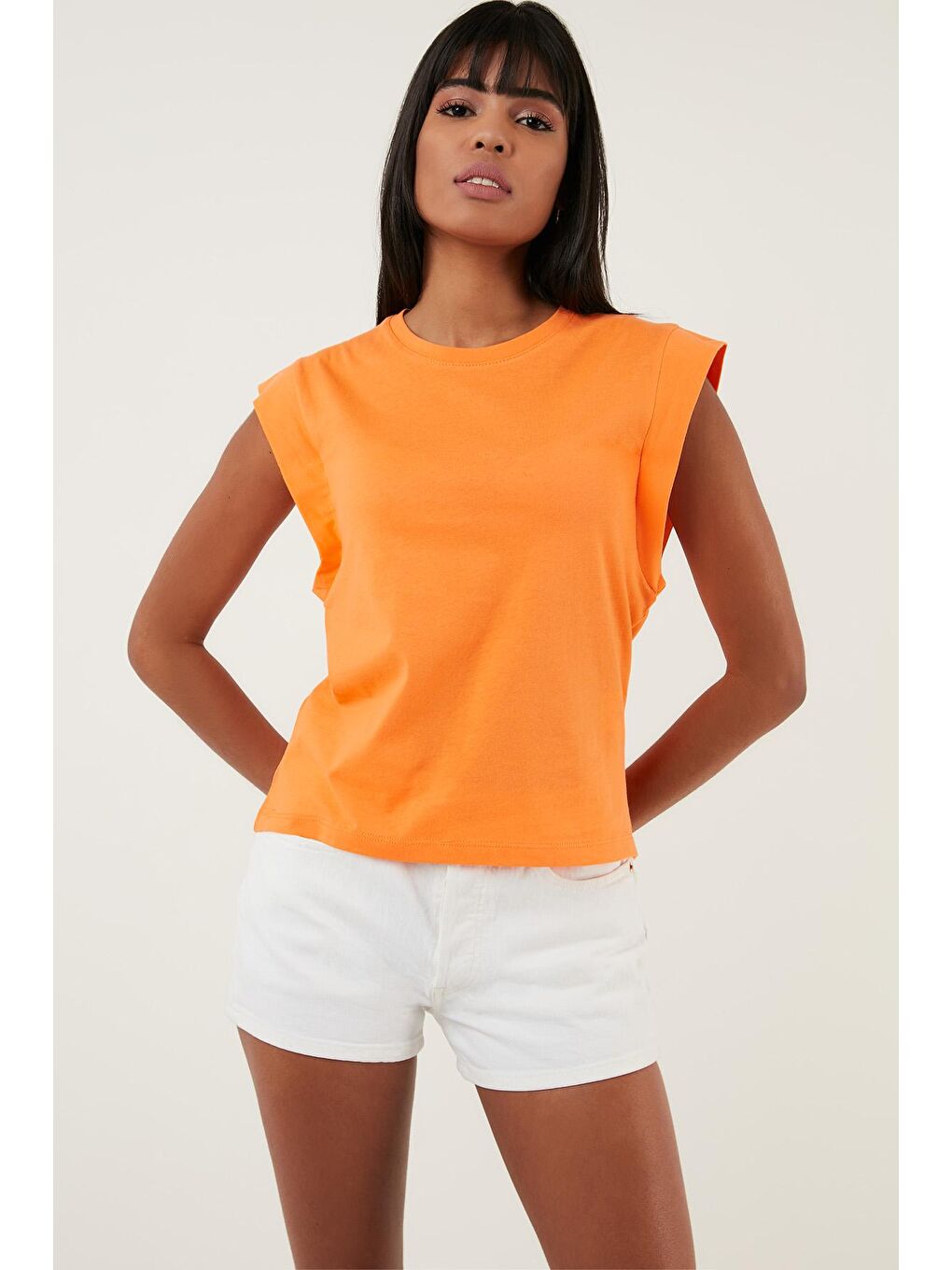 Turuncu Pamuklu Bisiklet Yaka Kolsuz Basic T Shirt 5864201-2