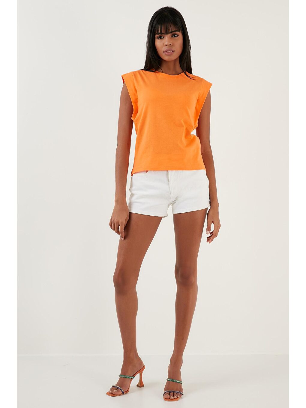 Turuncu Pamuklu Bisiklet Yaka Kolsuz Basic T Shirt 5864201-3