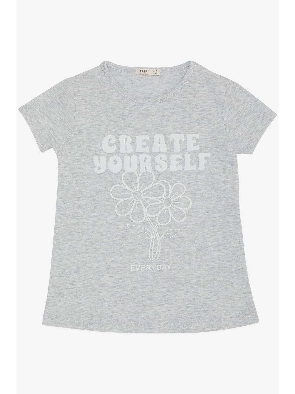 Kız Çocuk Tişört Kabartma Çiçek & Yazı Baskılı Açık Gri Melanj (6-10 Yaş)