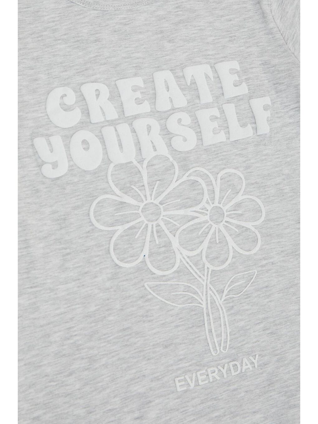 Kız Çocuk Tişört Kabartma Çiçek & Yazı Baskılı Açık Gri Melanj (6-10 Yaş)-3