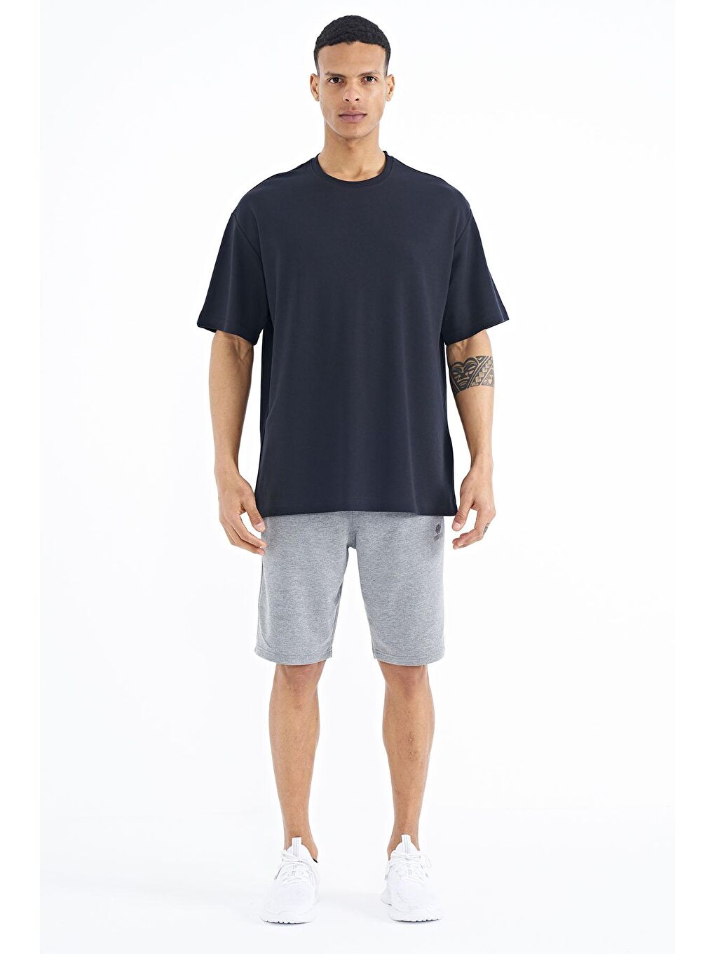 TOMMYLIFE Lacivert Kol Arma Detaylı Basic Oversize Erkek T-Shirt - 88193 - 1