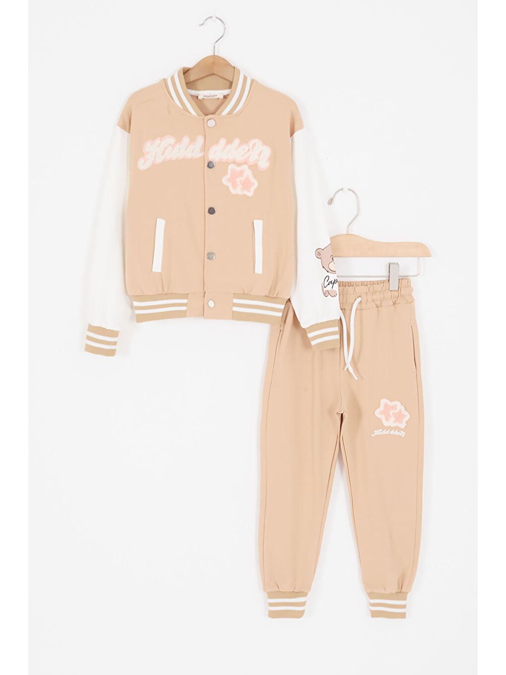 Ekru Krem Yıldız Nakışlı Kolej Ceketli Kız Çocuk Eşofman Takımı 16938
