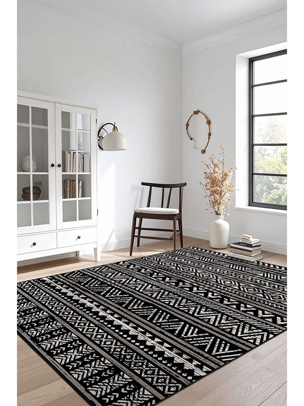 Siyah Dekoratif Özel Tasarım Yıkanabilir İnce Kaymaz Tabanlı Modern Halı KECE FR14-1