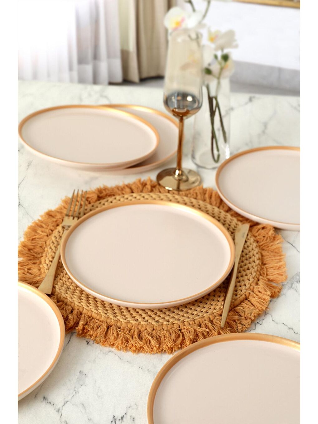 Keramika Ekru Mat Krem Gold File Nordic Pasta Tabağı 22 Cm 6 Adet