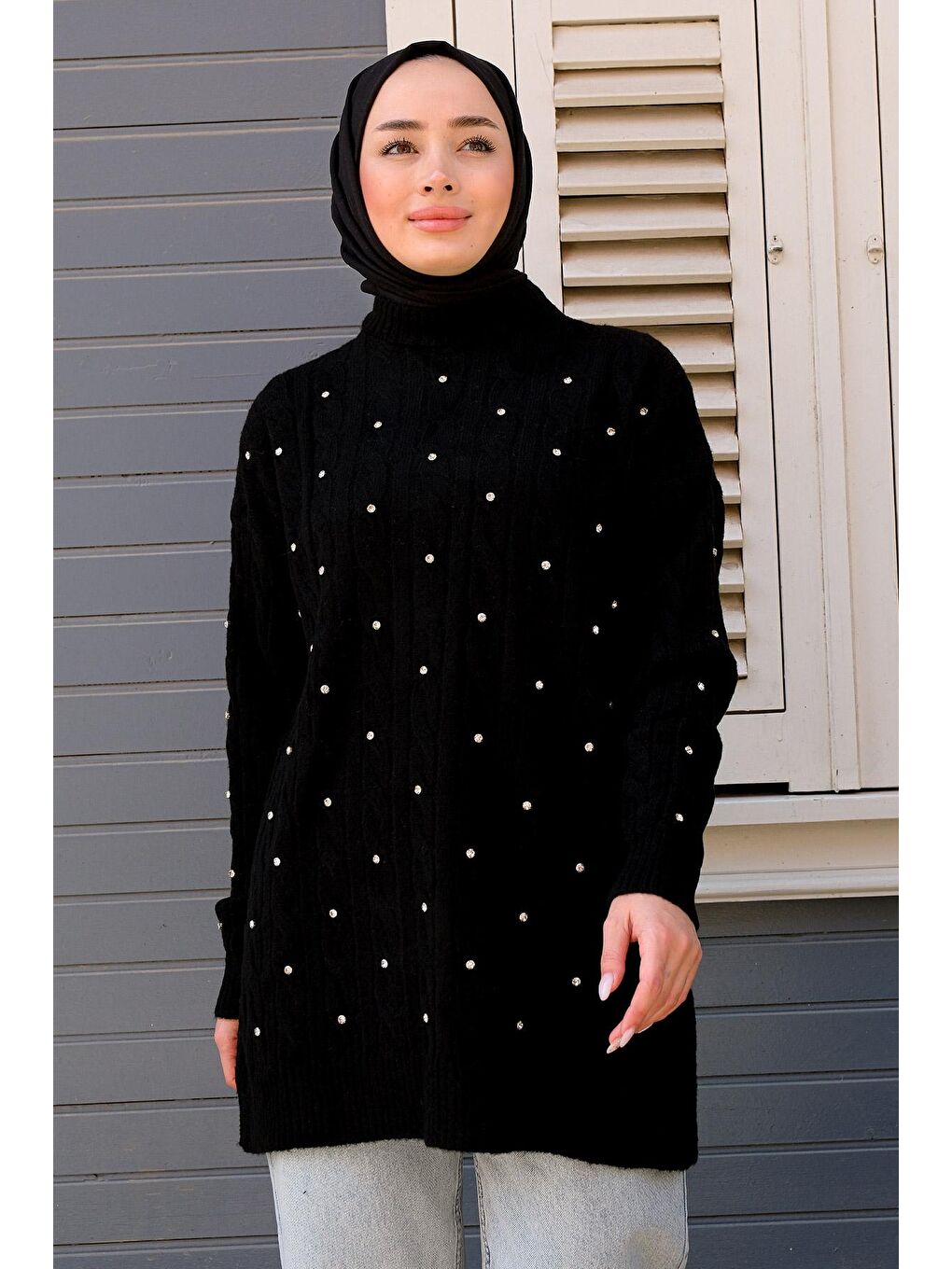 Kadın Taş Detaylı Tesettür Triko Kazak Siyah